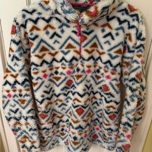 Eddie Bauer White Aztec Sherpa Half-Zip Pullover with Navy, Brown & Pink Accents